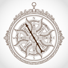 Vintage compass on white background. Isolated element in line art style. Hand drawn vector illustration.