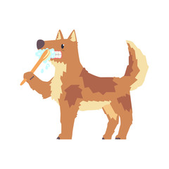 Cute cartoon dog brushing teeth with tooth brush and paste colorful character, pet grooming vector Illustration