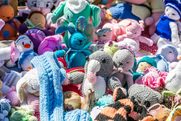 group of crochet fabric toys, hand made by grand mother