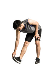 Obraz premium Portrait of an asian sport man stretching his bodies before exercise. Isolated full length on white background with copy space and clipping path