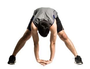 Portrait of an asian sport man stretching his bodies before exercise. Isolated full length on white background with copy space and clipping path