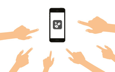 Finger zeigen auf Smartphone mit Kaffeebohnen