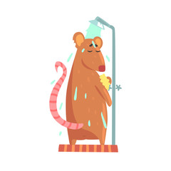 Cute cartoon rat rubbing himself a foam sponge bath while standing in shower cabin colorful character, animal grooming vector Illustration