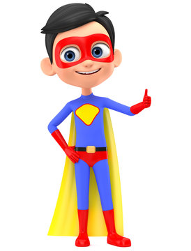 Boy superhero on a white background, showing thumbs up. 3d render illustration.
