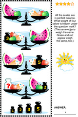 Visual math puzzle with scales, weights,  apples, ice cream cones and watermelon slices:  What weight of four below is hidden under the question mark? Answer included.
