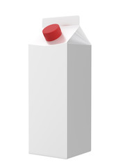 3D realistic render of carton white box with red lid. Milk, juice or cream. With shadow. Isolated on white background with clipping path.