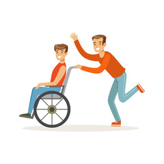 Disabled young man in wheelchair, smiling friend or volunteer helping him, healthcare assistance and accessibility colorful vector Illustration