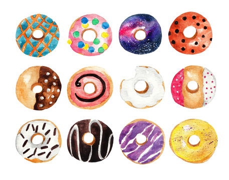 Set of multicolored watercolor donuts. Hand drawn illustration on white isolated background