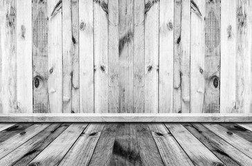 old  white and black wood texture wall and room background in vintage with copy space, top view of floor- can used to show produce and goods for advertisment