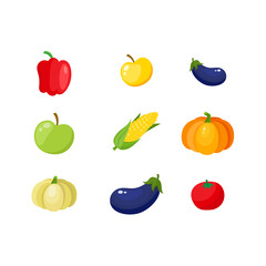 Fall, autumn harvest set - pumpkin, corn, eggplant, bell pepper, tomato and apples, cartoon vector illustration isolated on white background. Cartoon ripe apples and vegetables