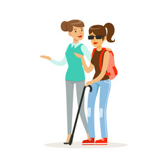 Smiling female volunteer helping and supporting blind woman, healthcare assistance and accessibility colorful vector Illustration