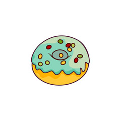 Vector donut with blue glaze icing and sprinkles flat cartoon isolated illustration on a white background. Sweet delicious dessert food, snack