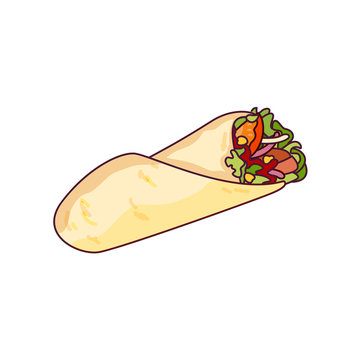 Vector chicken, vegetables roll, fast food meal. Doner gebab, shawarma flat cartoon illustration isolated on a white background. Arabic, eastern food, hand drawn image. Buritto, taco - mexican food