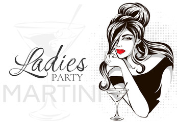 Retro black and white fashion style brunette woman portrait with martini, beautiful girl at ladies party, red lips, hand drawn vector illustration pop - 166447404