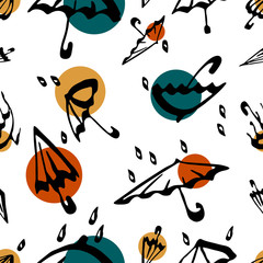 Umbrella seamless pattern. White autumn vector background illustration with water drops. Textile and wallpaper. 