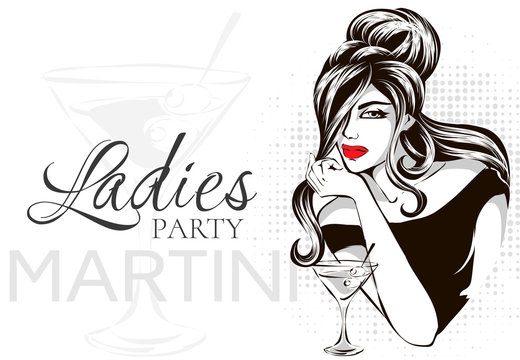 Retro black and white fashion style brunette woman portrait with martini, beautiful girl at ladies party, red lips, hand drawn vector illustration pop