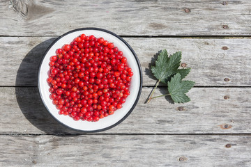 Red currant in a white bowl on a wooden texture with rusty nails. Top view. Copyspace.