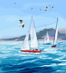 Seascape with mountains, yachts and guls.