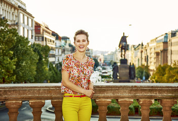 woman standing on Wenceslas Square in Prague Czech Republic