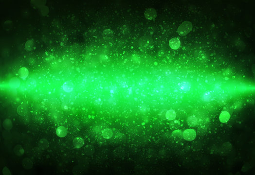 Dark Green sparkle rays lights with bokeh elegant abstract background. Dust sparks in explosion background. Vintage or retro.