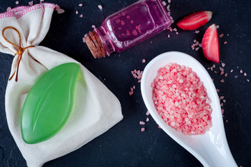 organic cosmetics with extracts of berries dark background top v