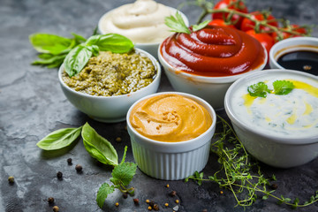 Selection of different sauces in bowls - obrazy, fototapety, plakaty