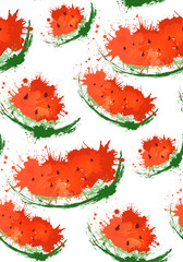 Seamless texture with slices of watermelons and watercolor spray on a white background. Vector pattern for your creativity