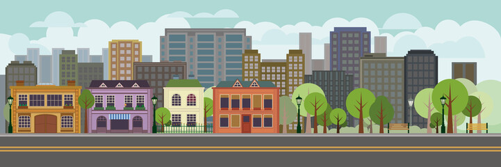 Flat Design cityscape with park panoramic banner illustration