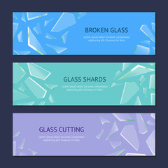 Realistic Shards of Broken Glass Banner Horizontal Set. Vector