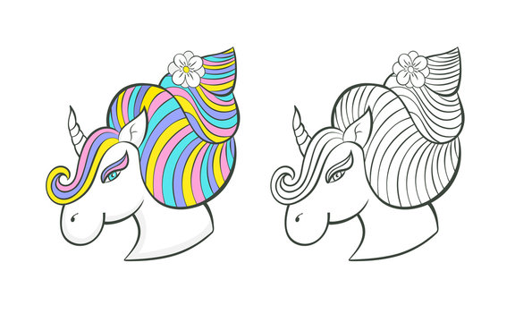 Vector unicorn, symbol, isolated on white background, logo children's holiday, print design for a T-shirt, coloring book, anti stress coloring. Head portrait horse sticker.