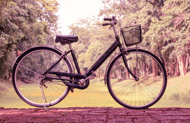 Fototapeta na wymiar Vintage bicycle parked on the road. Warm tone.