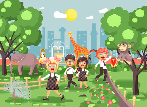Vector illustration or banner for site with schoolchildren, classmates on walk, school zoo excursion zoological garden, boys and girls watching wild animals and birds flat style, city background