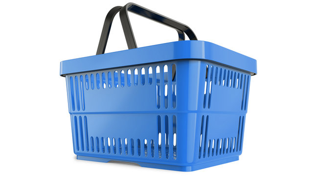 Plastic blue shopping basket. 3D model, 3D render, isolated on white background