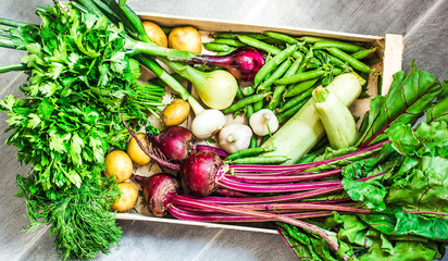 Harvest organic fresh vegetables in a wooden box.