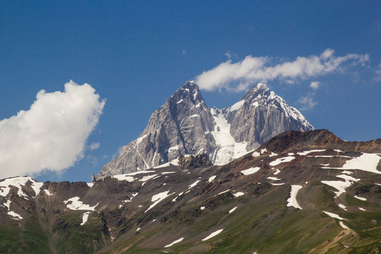 Ushba peak in Caucasus mountains in Upper Svaneti