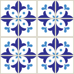 Azulejos tiles pattern - Portuguese navy blue design, seamless vector blue background, vintage mosaics set