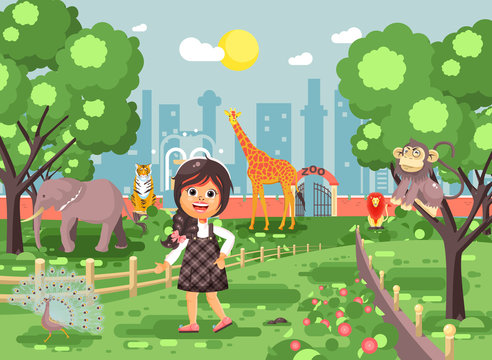Vector illustration banner for site with schoolchild on walk school zoo excursion zoological garden, brunette little girl monkey, peacock, elephant, lion, tiger, giraffe, wild animals flat style