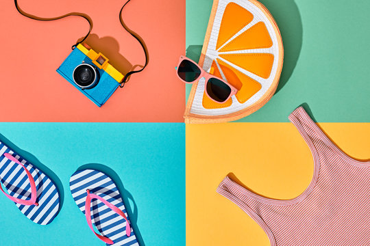 Fashion Film Camera, Retro Design. Summer Clothes Accessories Set. Pop Art Style. Glamor Lemon Citrus Clutch, Trendy fashion Sunglasses. Hipster Beach Outfit. Hot summer color.Creative Bright Concept