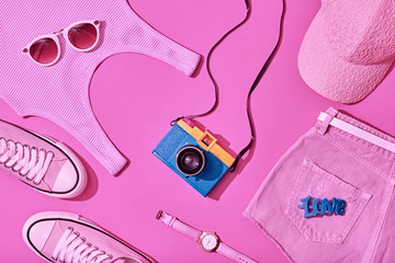 Summer Hipster Girl Accessories Set. Fashion Design. Film Camera, Trendy Sneakers, fashion Sunglasses. Hot Summer Sunny Vibes. Creative Bright Sweet Style. Vanilla Pink Pastel Color. Minimal, Art