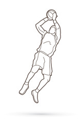 Basketball player jumping and prepare shooting a ball outline stroke graphic vector