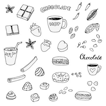 Set of doodle chocolate and spices, vector