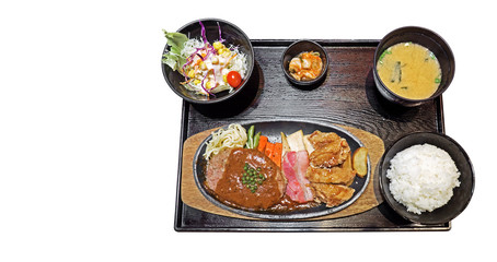 Japanese Cuisine Set Beef Steak, Fried Chicken, Bacon, Rice, Salad, and Miso Soup, Clipping Path