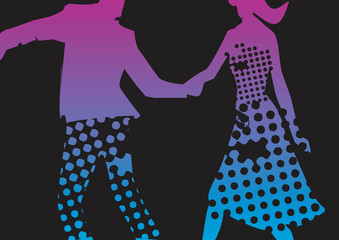 Dancing couple retro background.
Silhouette of a dancing couple grunge stylized. Vector available.