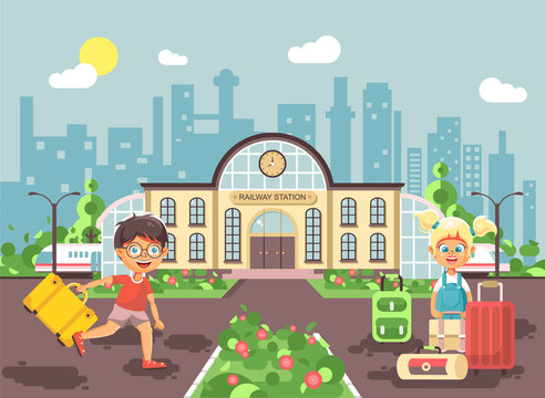 Vector illustration of cartoon characters children, late boy running on perron, little girl standing at railway station building with bags and suitcases awaiting train flat style city background