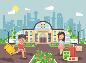 Obraz na płótnie Canvas Vector illustration of cartoon characters children, late boy running on perron, little girl standing at railway station building with bags and suitcases awaiting train flat style city background