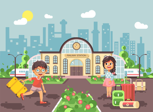 Vector illustration of cartoon characters children, late boy running on perron, little girl standing at railway station building with bags and suitcases awaiting train flat style city background