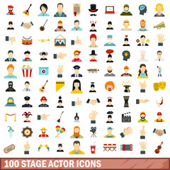 100 stage actor icons set, flat style