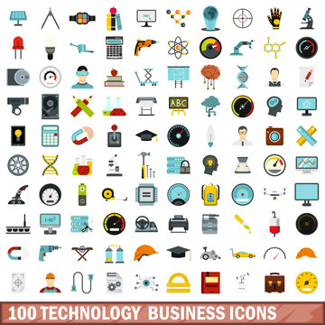 100 technology  business icons set, flat style