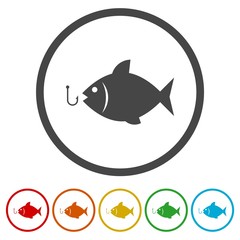 Fish open mouth to swallow a hook icons set