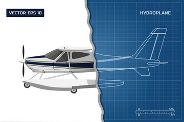 Engineering blueprint of plane. Side view of hydroplane. Industrial drawing of aircraft. Vector illustration